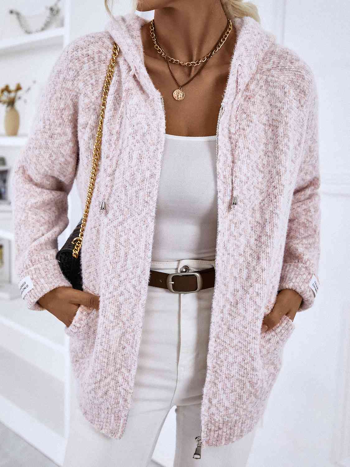 Chaqueta de punto para mujer con capucha y bolsillos delanteros