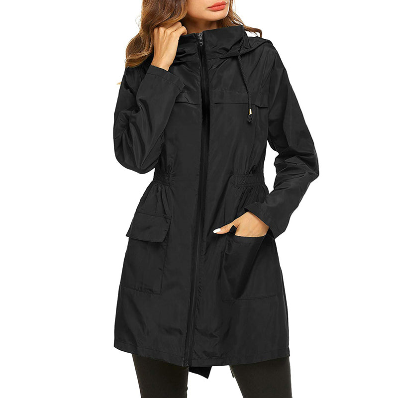 Chaqueta impermeable larga para mujer con capucha: resistente a la intemperie y funcional