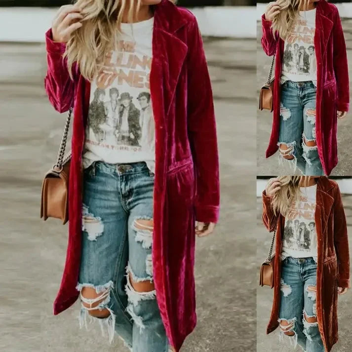 Chaqueta larga de terciopelo con bolsillos