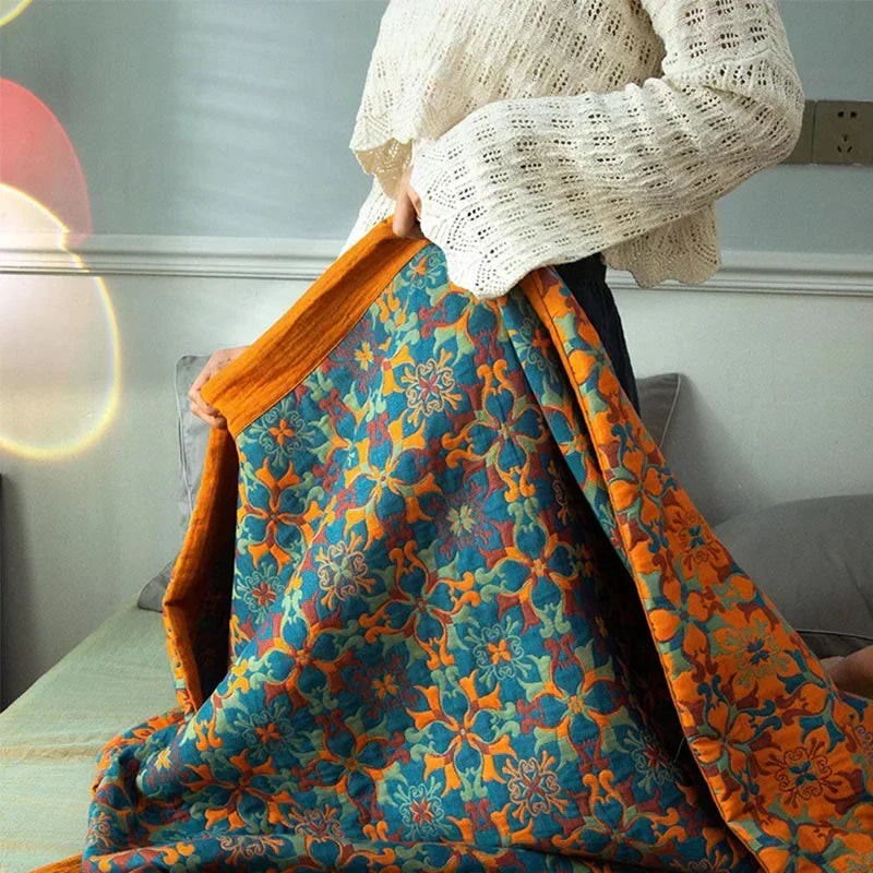 Colcha de algodón de seis capas con estampado azul