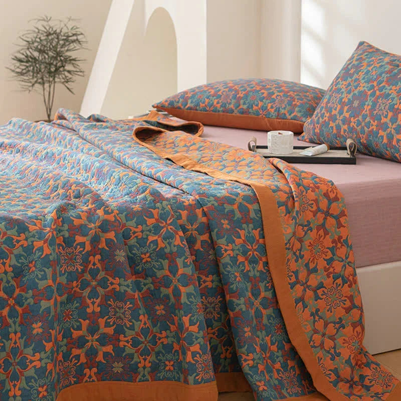Colcha de algodón de seis capas con estampado azul