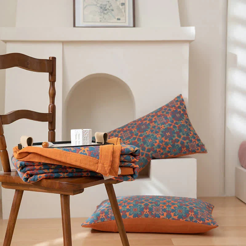Colcha de algodón de seis capas con estampado azul