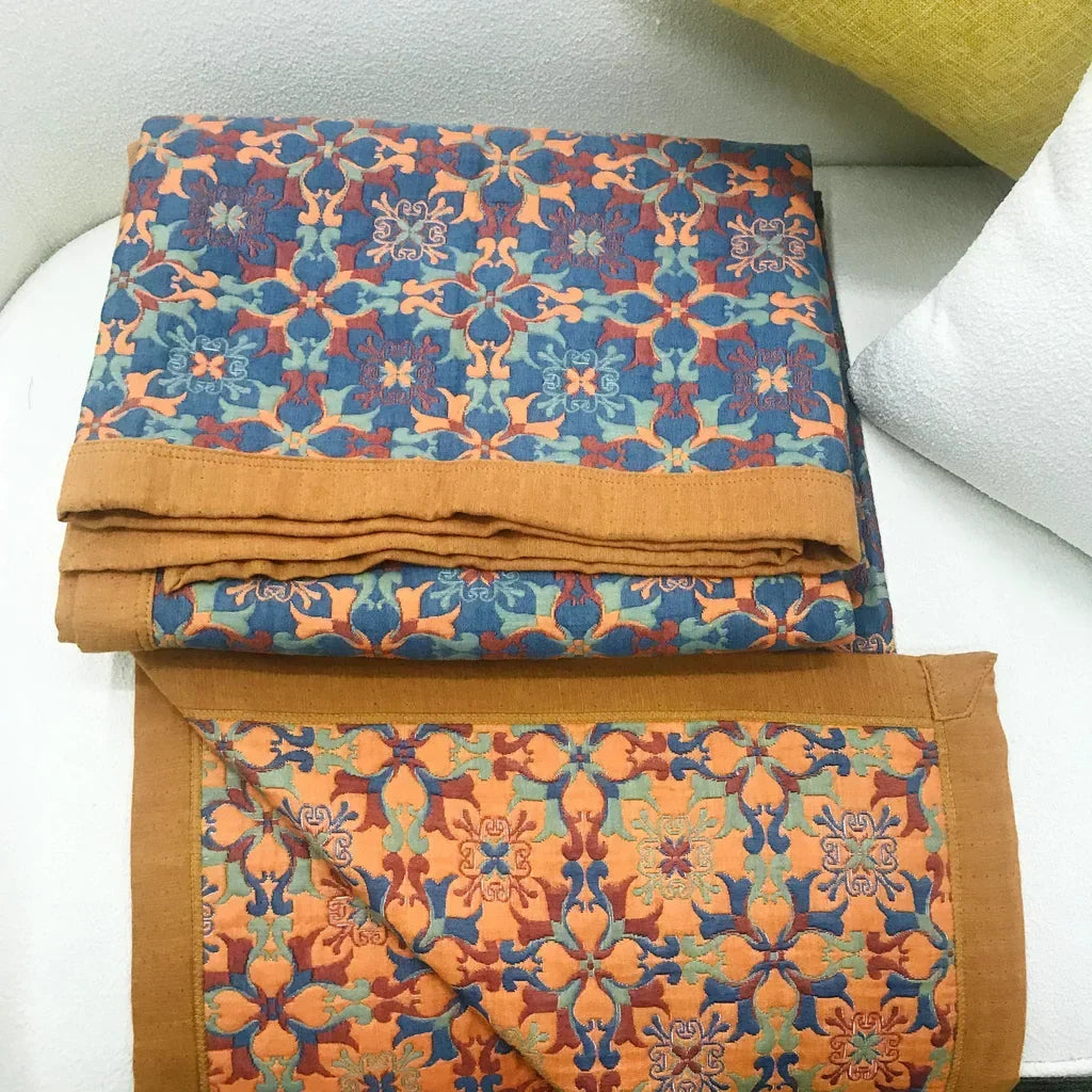 Colcha de algodón de seis capas con estampado azul