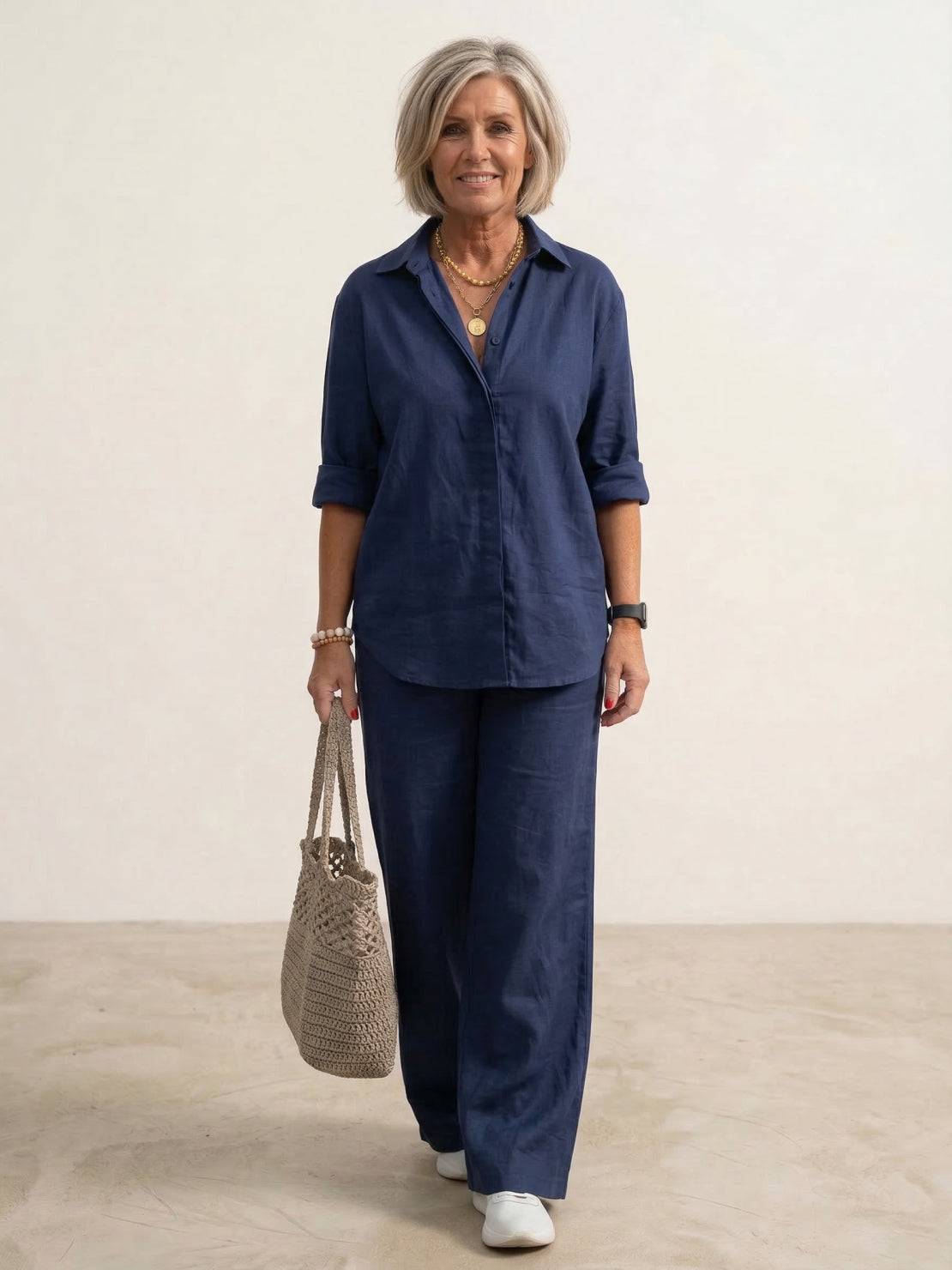 Conjunto a juego para mujer de camisa oversize y pantalón pernera ancha – Conjunto casual de dos piezas en mezcla de algodón