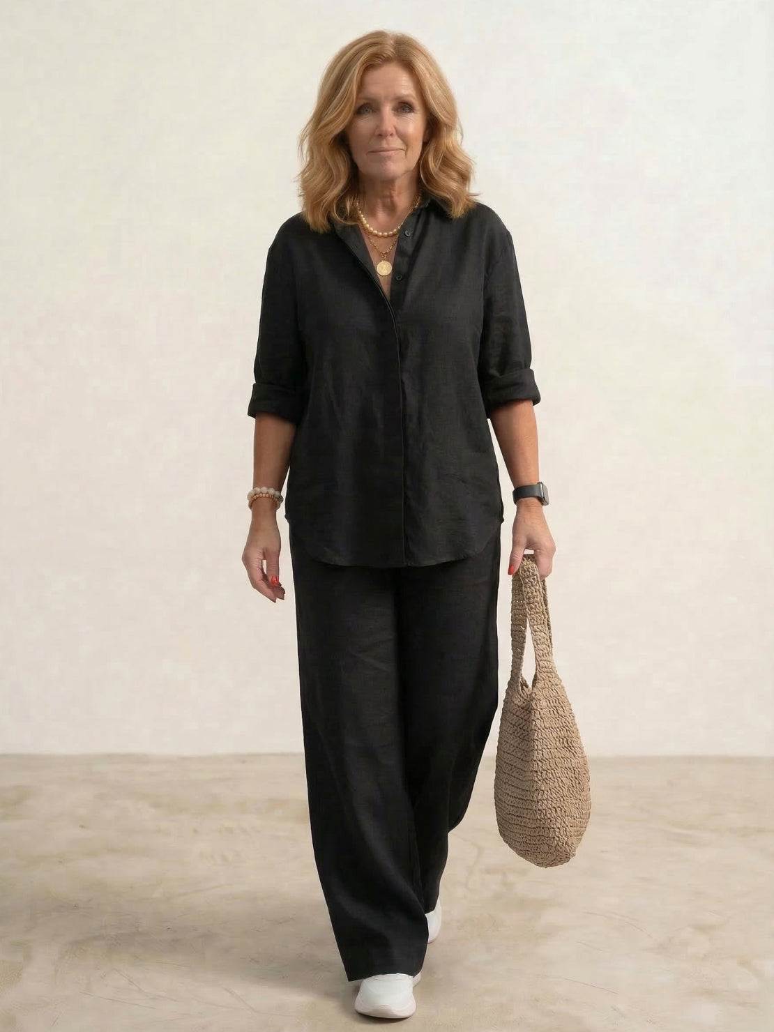 Conjunto a juego para mujer de camisa oversize y pantalón pernera ancha – Conjunto casual de dos piezas en mezcla de algodón