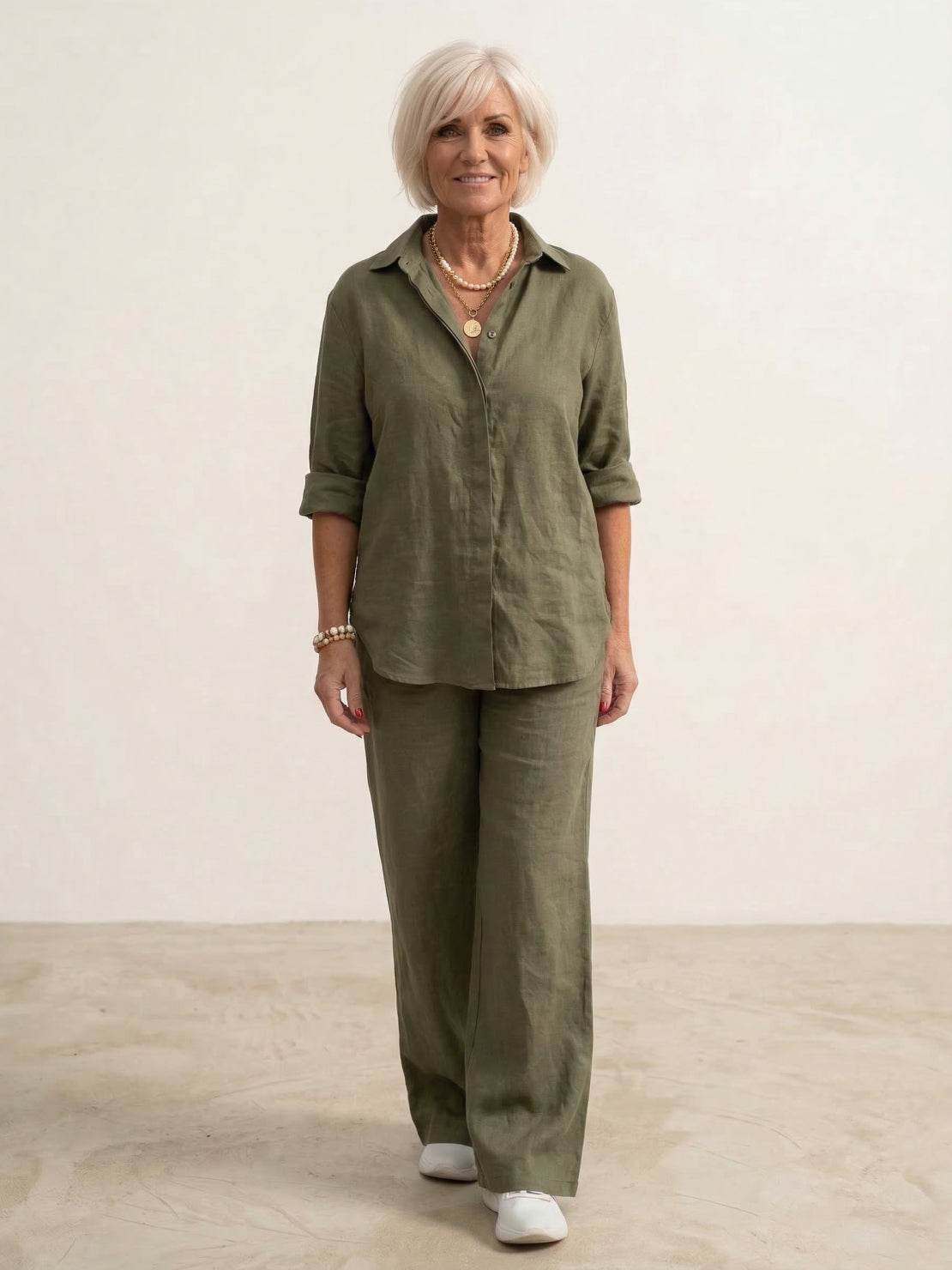 Conjunto a juego para mujer de camisa oversize y pantalón pernera ancha – Conjunto casual de dos piezas en mezcla de algodón