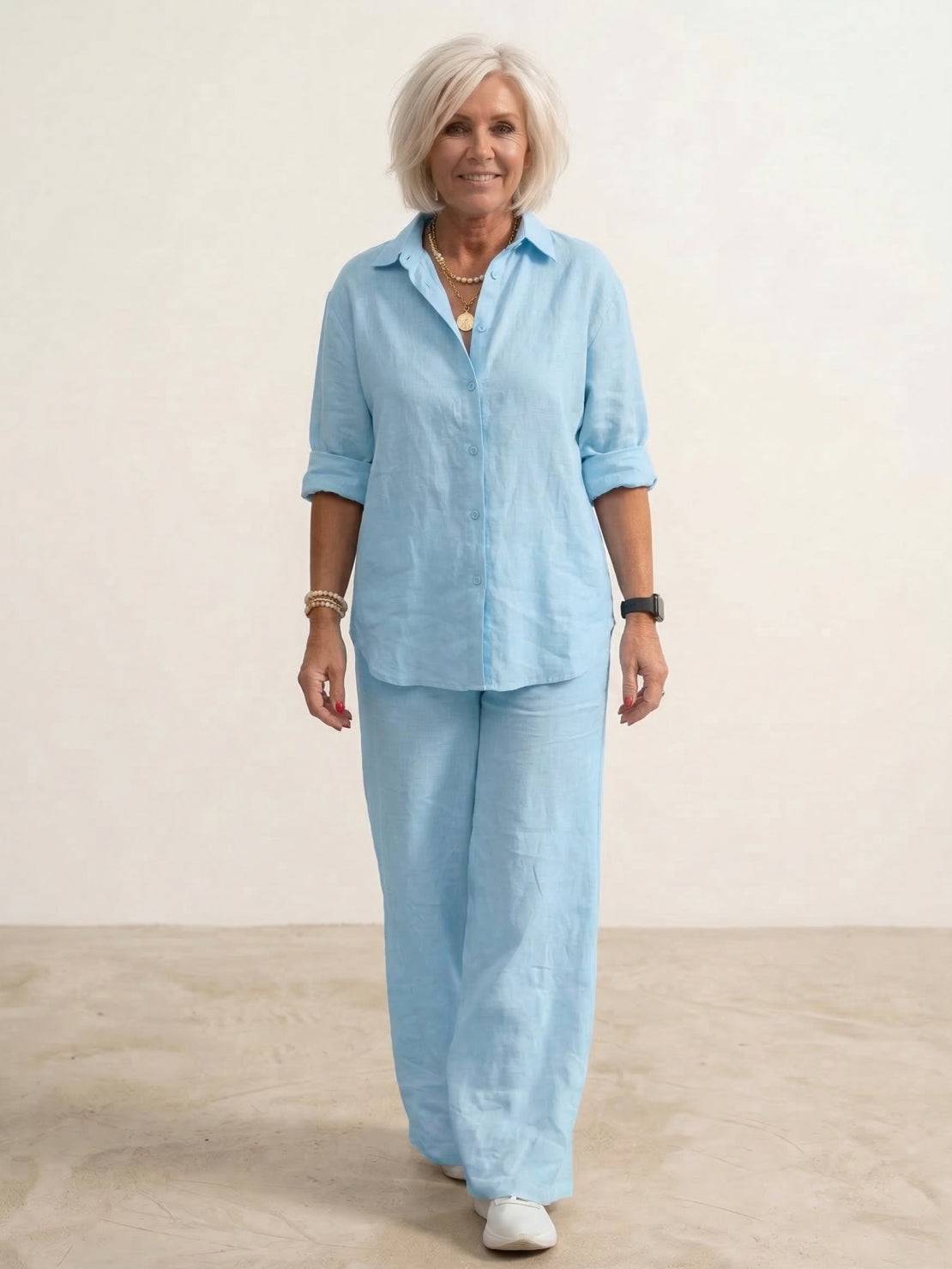Conjunto a juego para mujer de camisa oversize y pantalón pernera ancha – Conjunto casual de dos piezas en mezcla de algodón