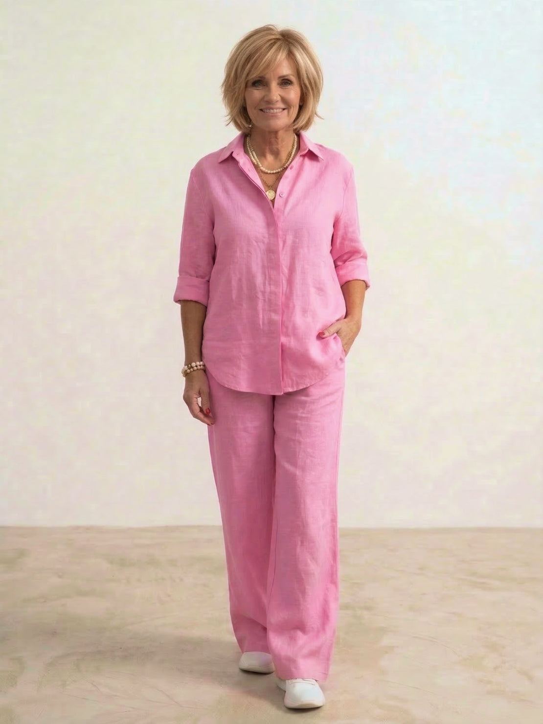 Conjunto a juego para mujer de camisa oversize y pantalón pernera ancha – Conjunto casual de dos piezas en mezcla de algodón