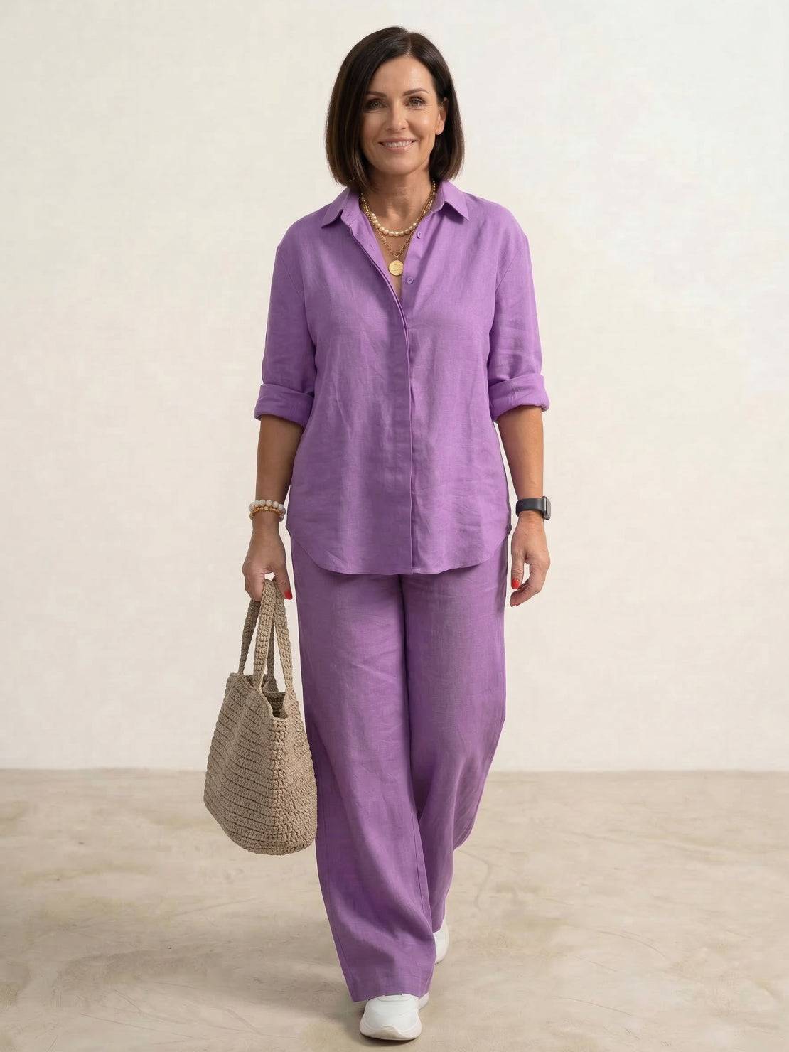 Conjunto a juego para mujer de camisa oversize y pantalón pernera ancha – Conjunto casual de dos piezas en mezcla de algodón