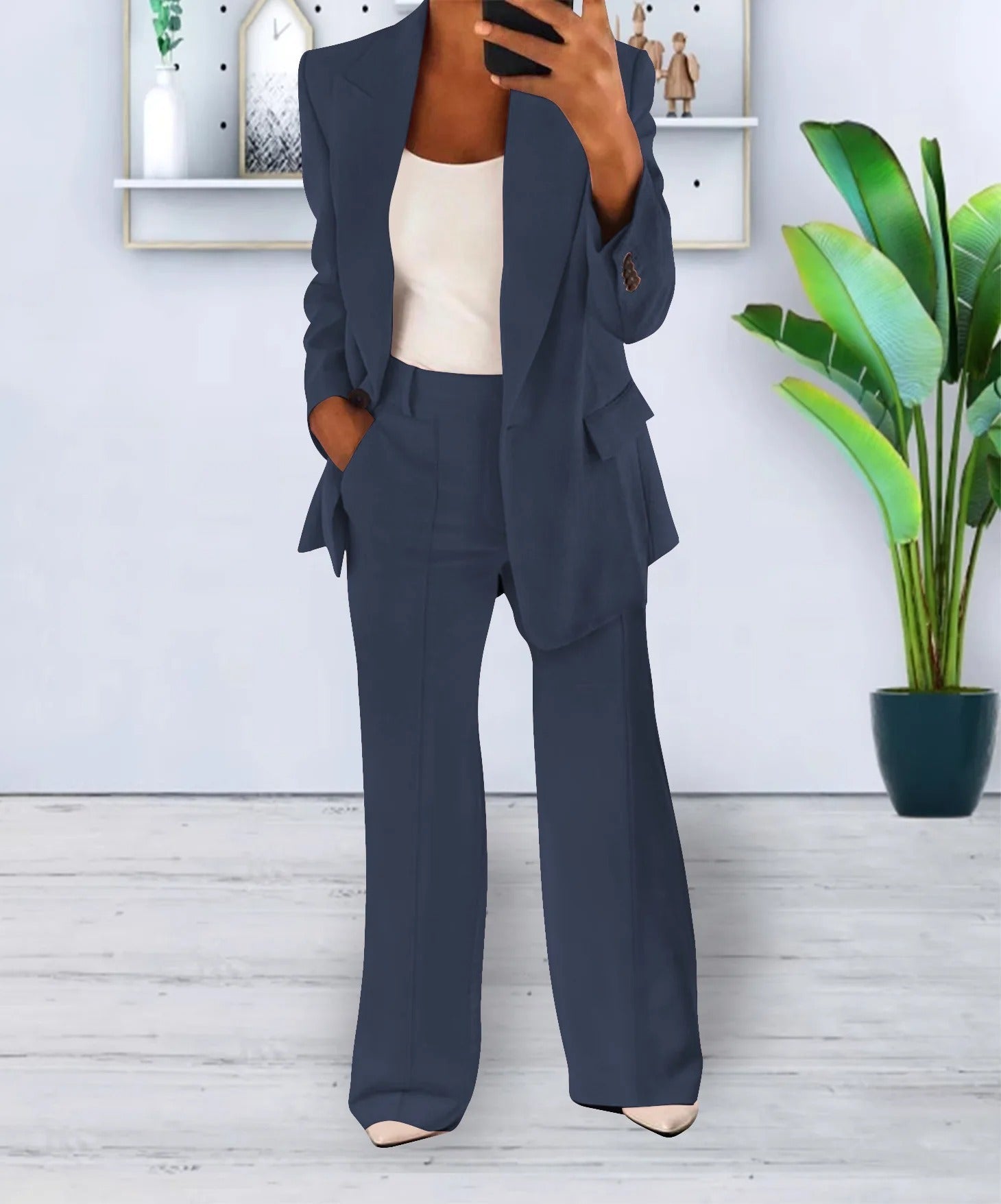 Conjunto casual para mujer de blazer moderno de poliéster y pantalón ancho