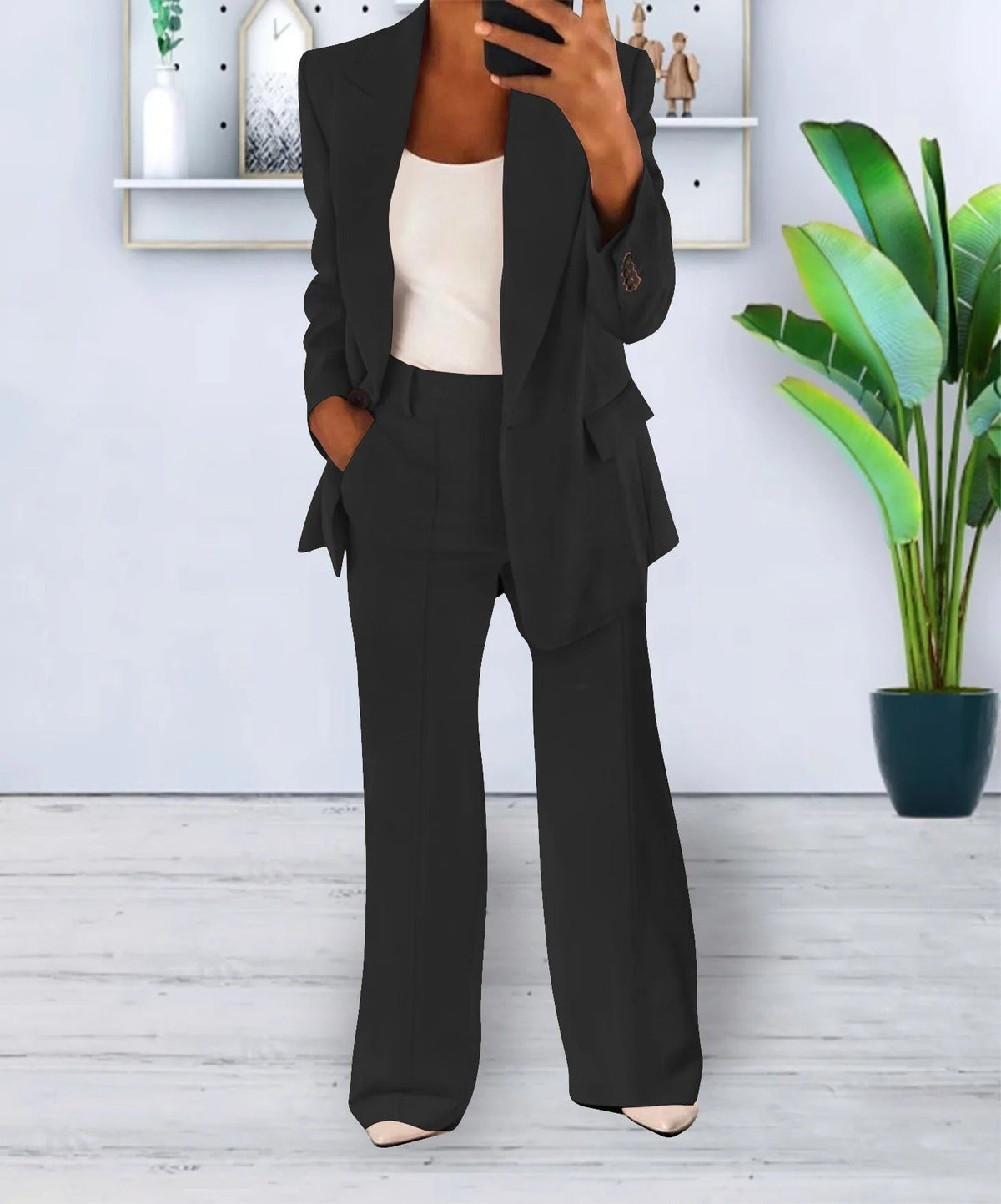 Conjunto casual para mujer de blazer moderno de poliéster y pantalón ancho