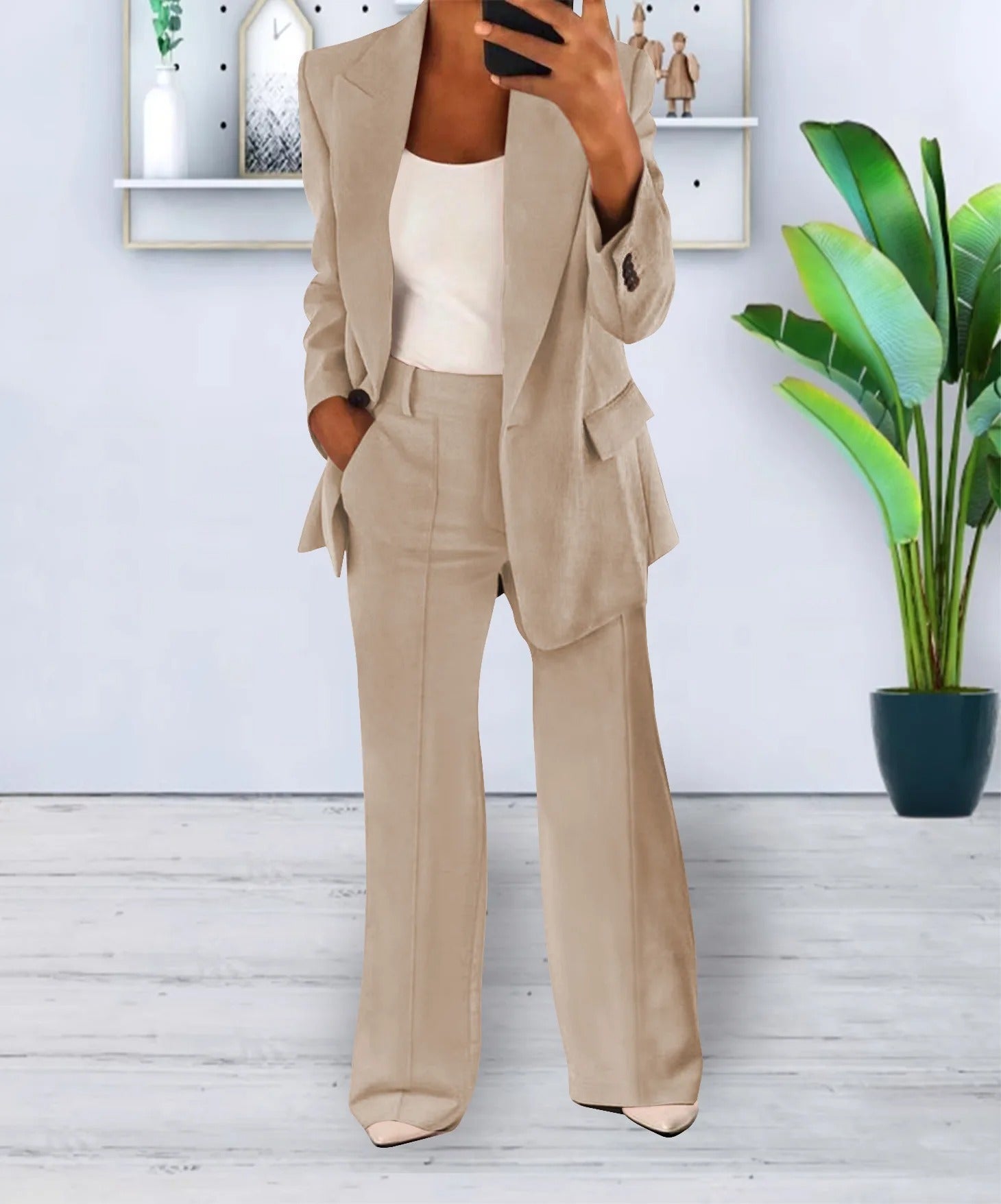 Conjunto casual para mujer de blazer moderno de poliéster y pantalón ancho