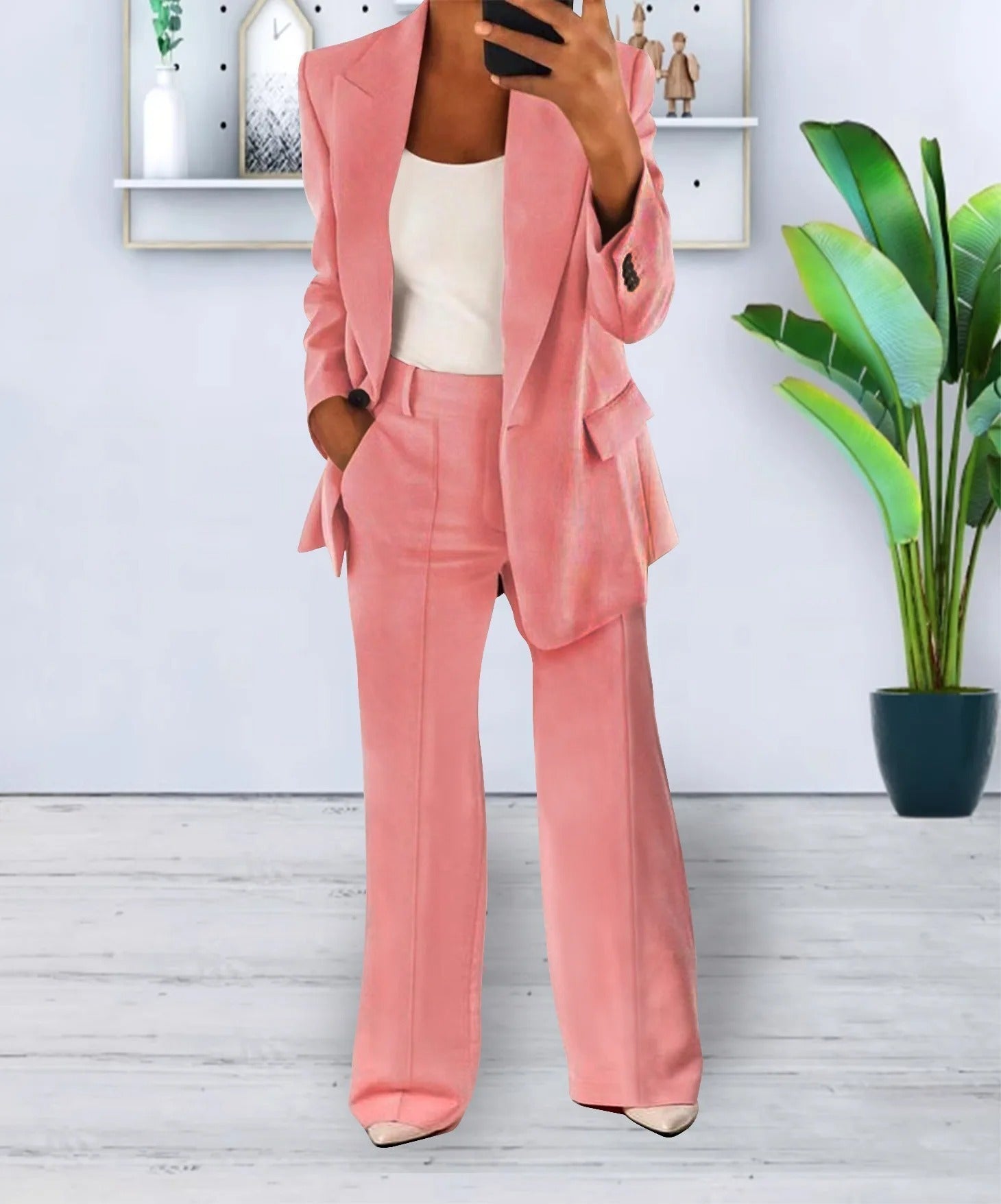 Conjunto casual para mujer de blazer moderno de poliéster y pantalón ancho