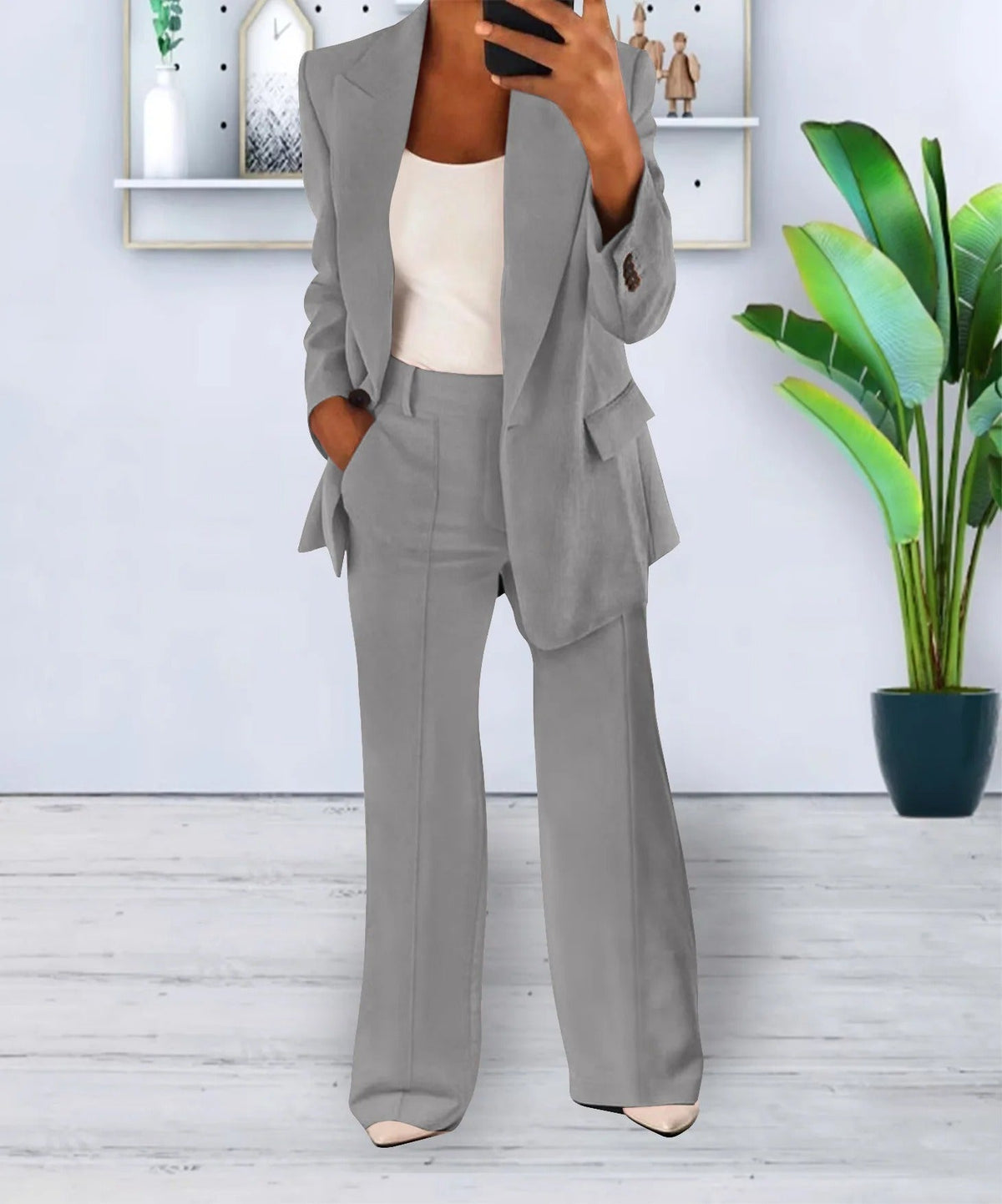 Conjunto casual para mujer de blazer moderno de poliéster y pantalón ancho