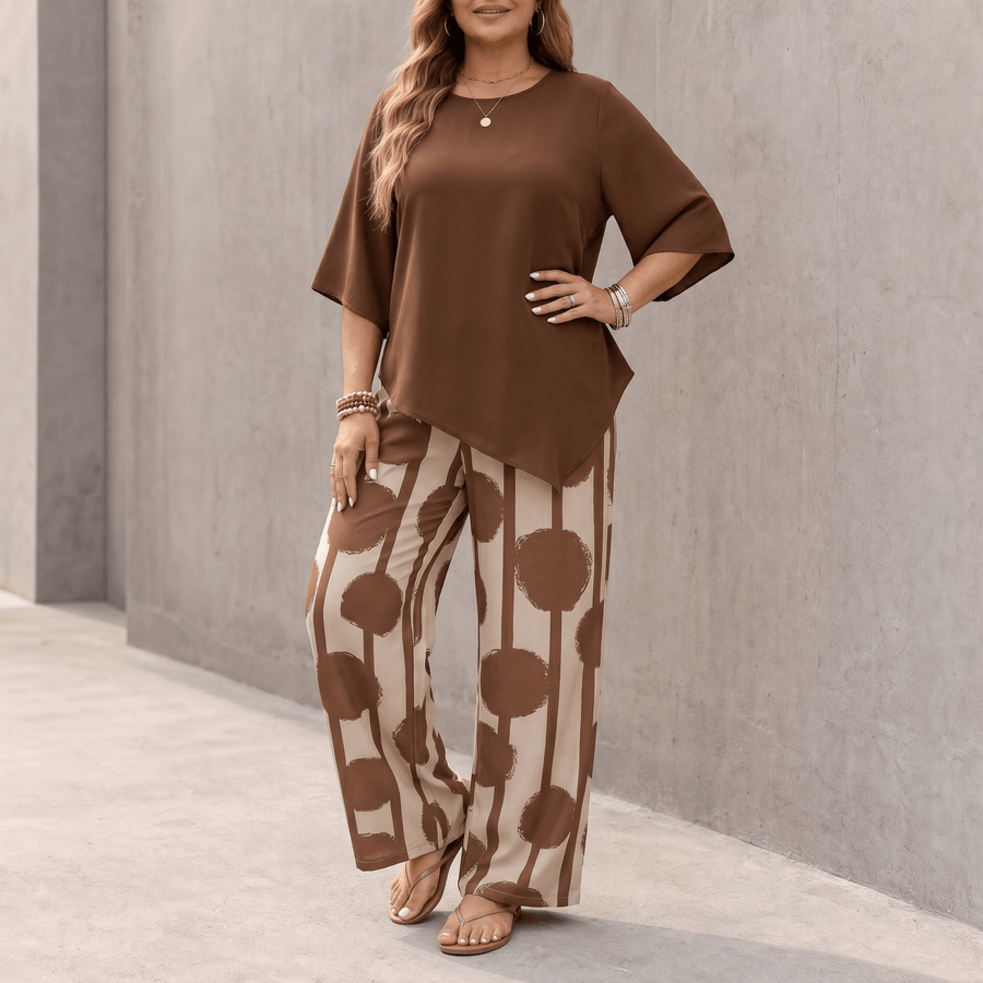 Conjunto de 2 piezas con caída asimétrica y pantalón estampado de pernera ancha