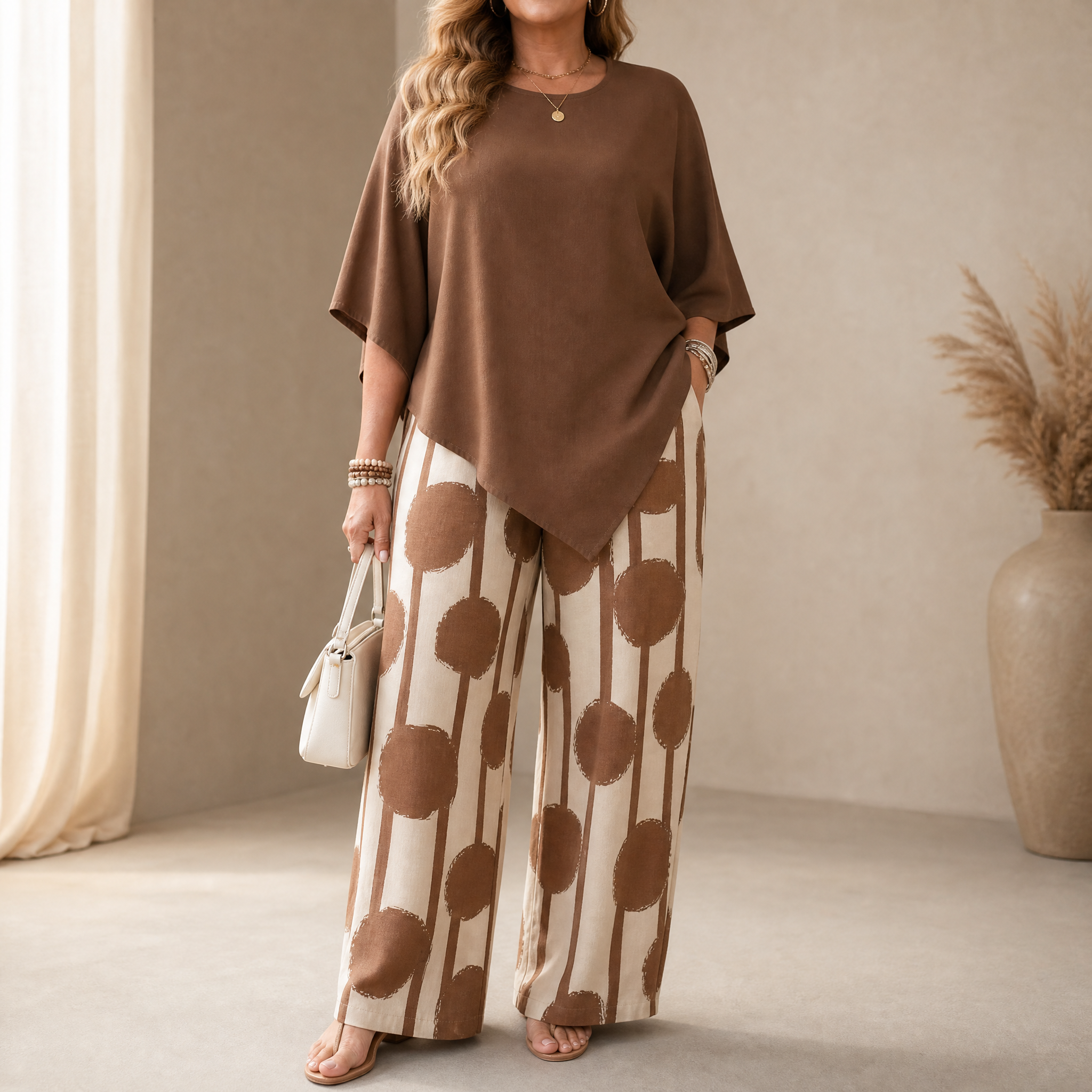 Conjunto de 2 piezas con caída asimétrica y pantalón estampado de pernera ancha