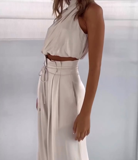 Conjunto de dos piezas lujoso con top elegante y pantalón para fiesta y uso diario