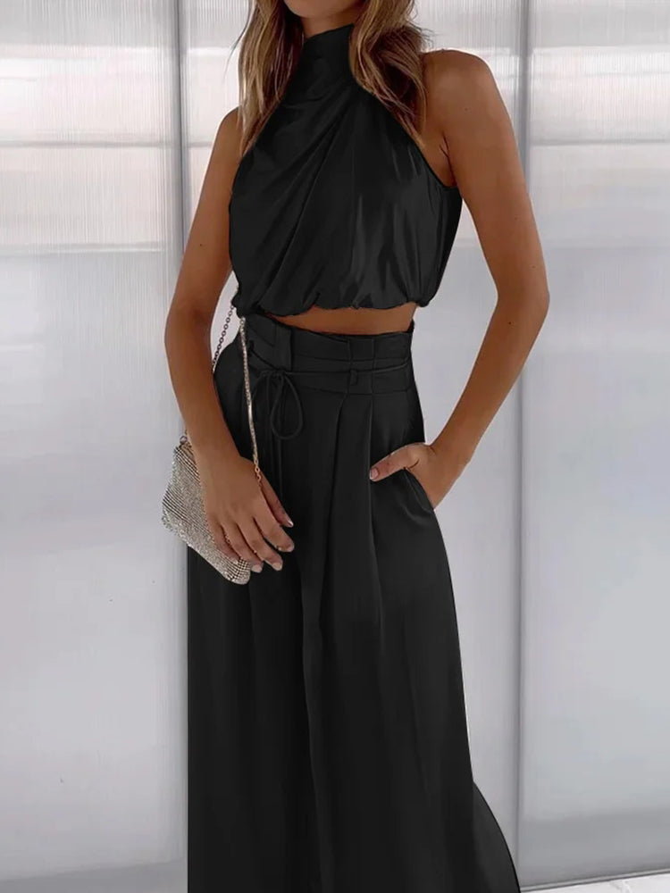 Conjunto de dos piezas lujoso con top elegante y pantalón para fiesta y uso diario