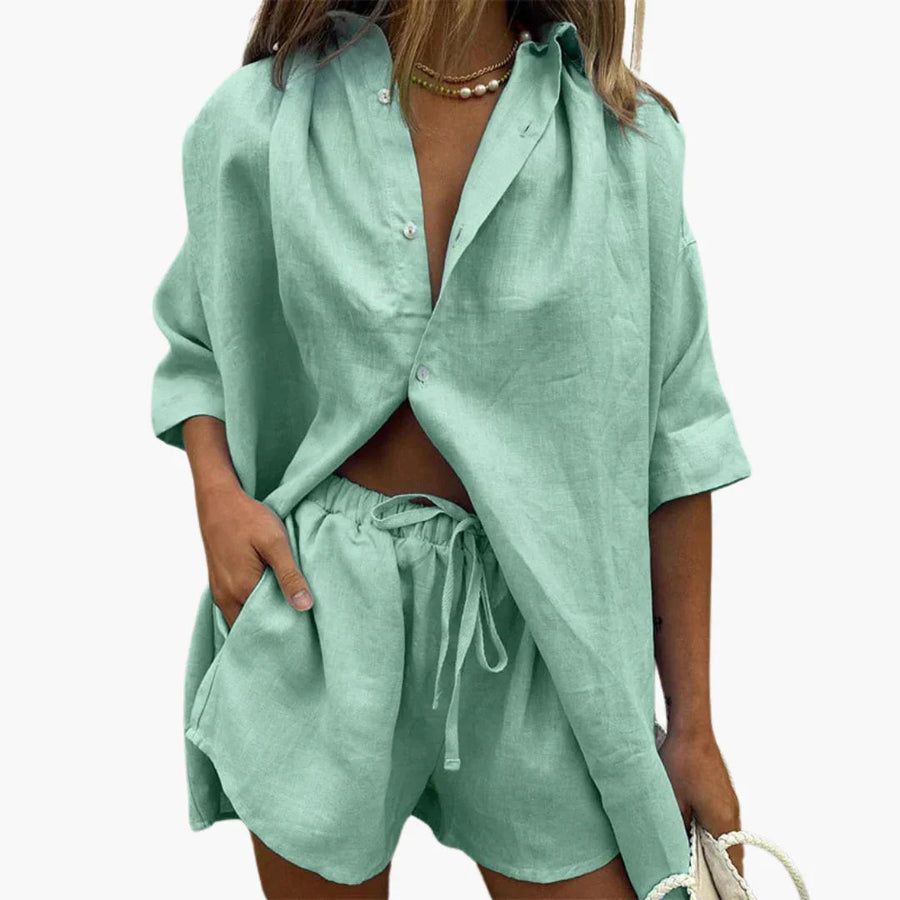 Conjunto de dos piezas para mujer con tapeta de botones y pantalón corto