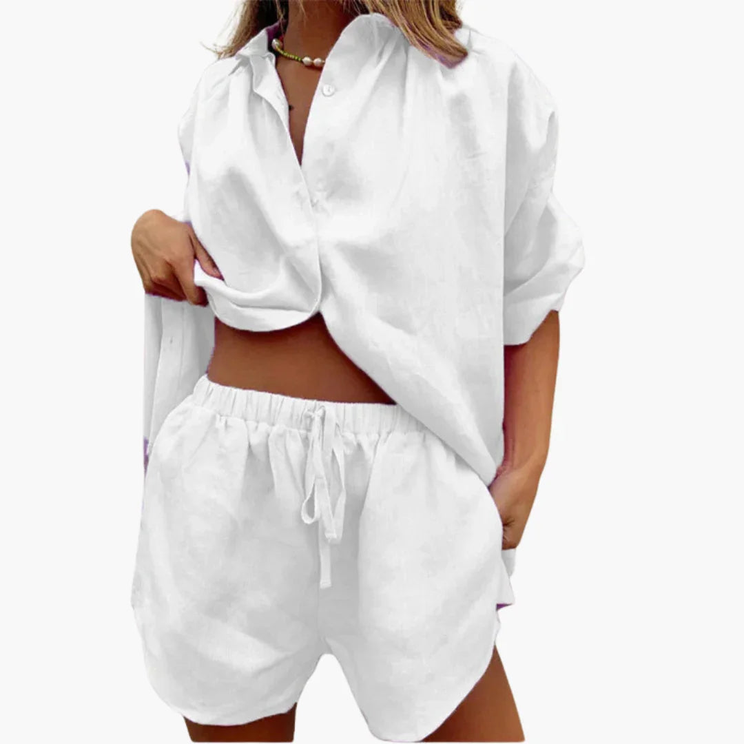 Conjunto de dos piezas para mujer con tapeta de botones y pantalón corto