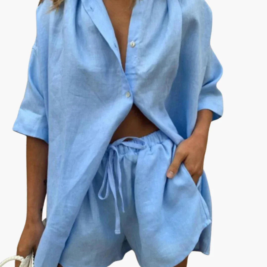 Conjunto de dos piezas para mujer con tapeta de botones y pantalón corto