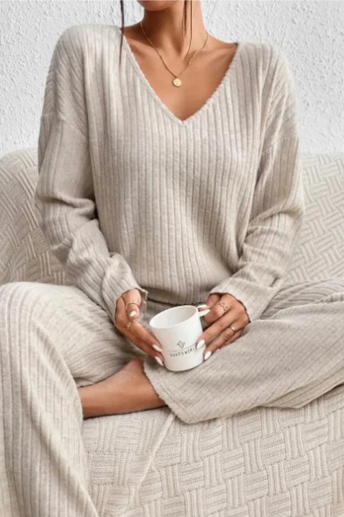 Conjunto de pijama acanalado para mujer – textura suave y dos piezas