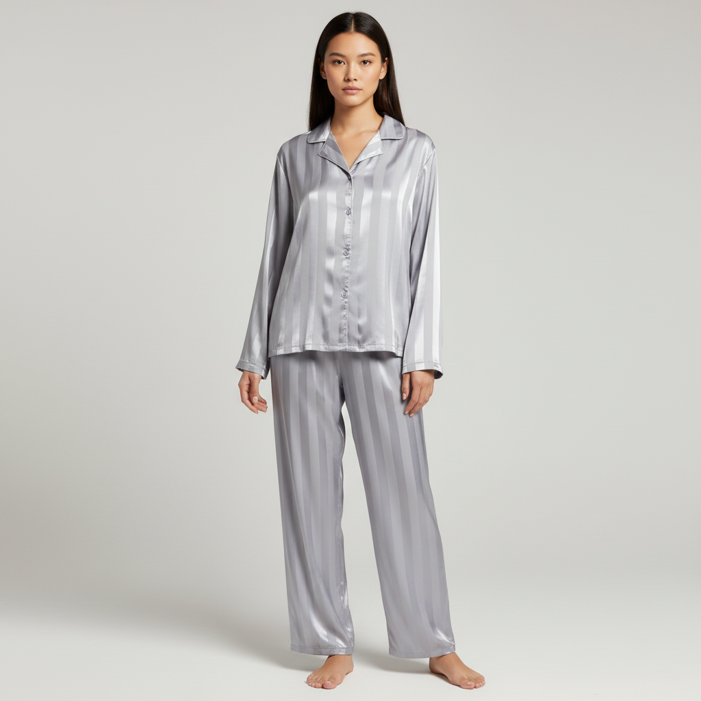Conjunto de satén para mujer con blusa y pantalones largos de diseño elegante