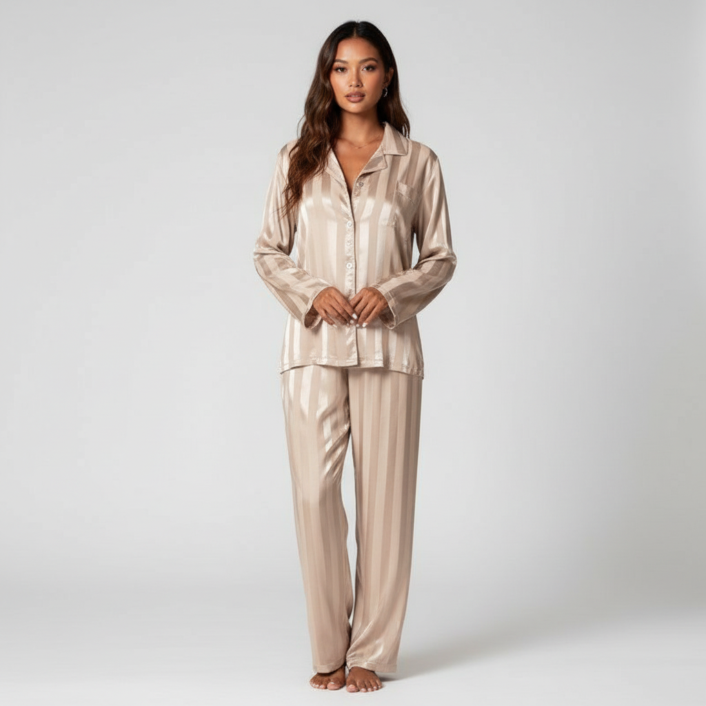 Conjunto de satén para mujer con blusa y pantalones largos de diseño elegante