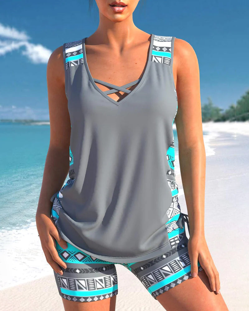 Conjunto de tankini de dos piezas para mujer con escote en V | Sin mangas