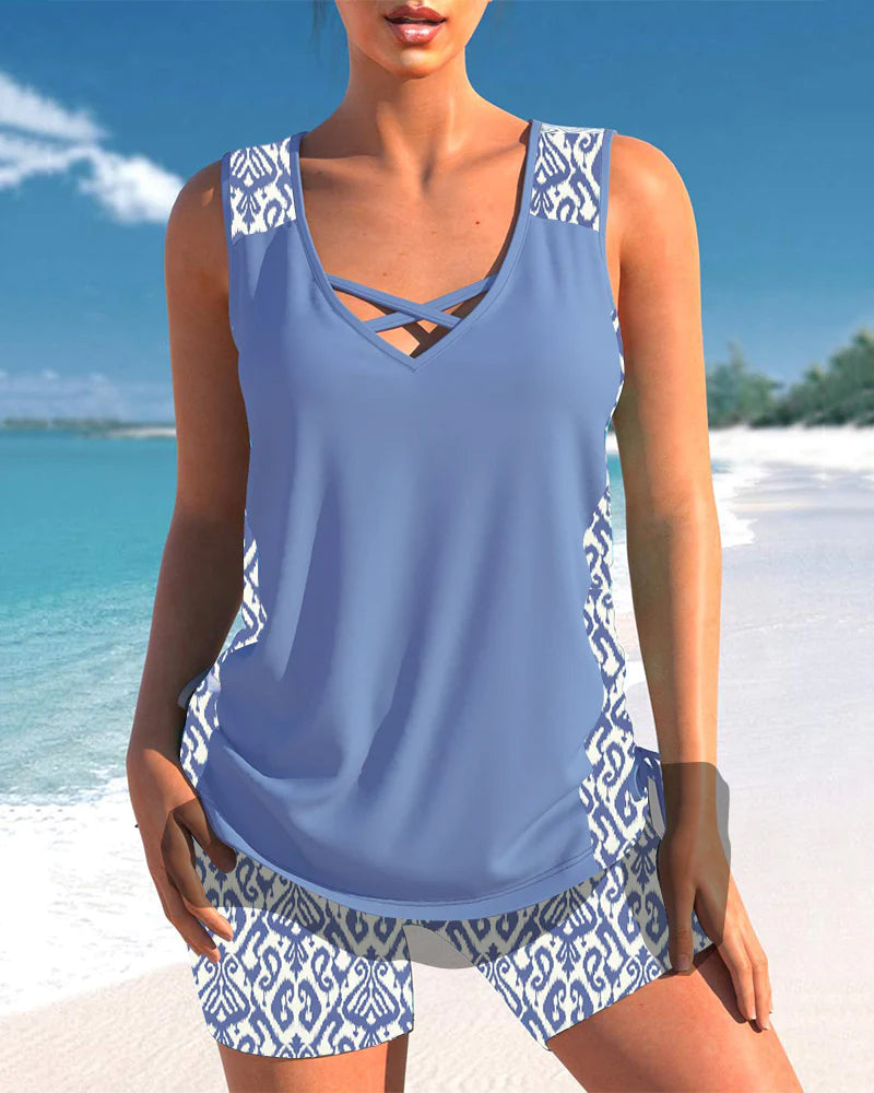 Conjunto de tankini de dos piezas para mujer con escote en V | Sin mangas