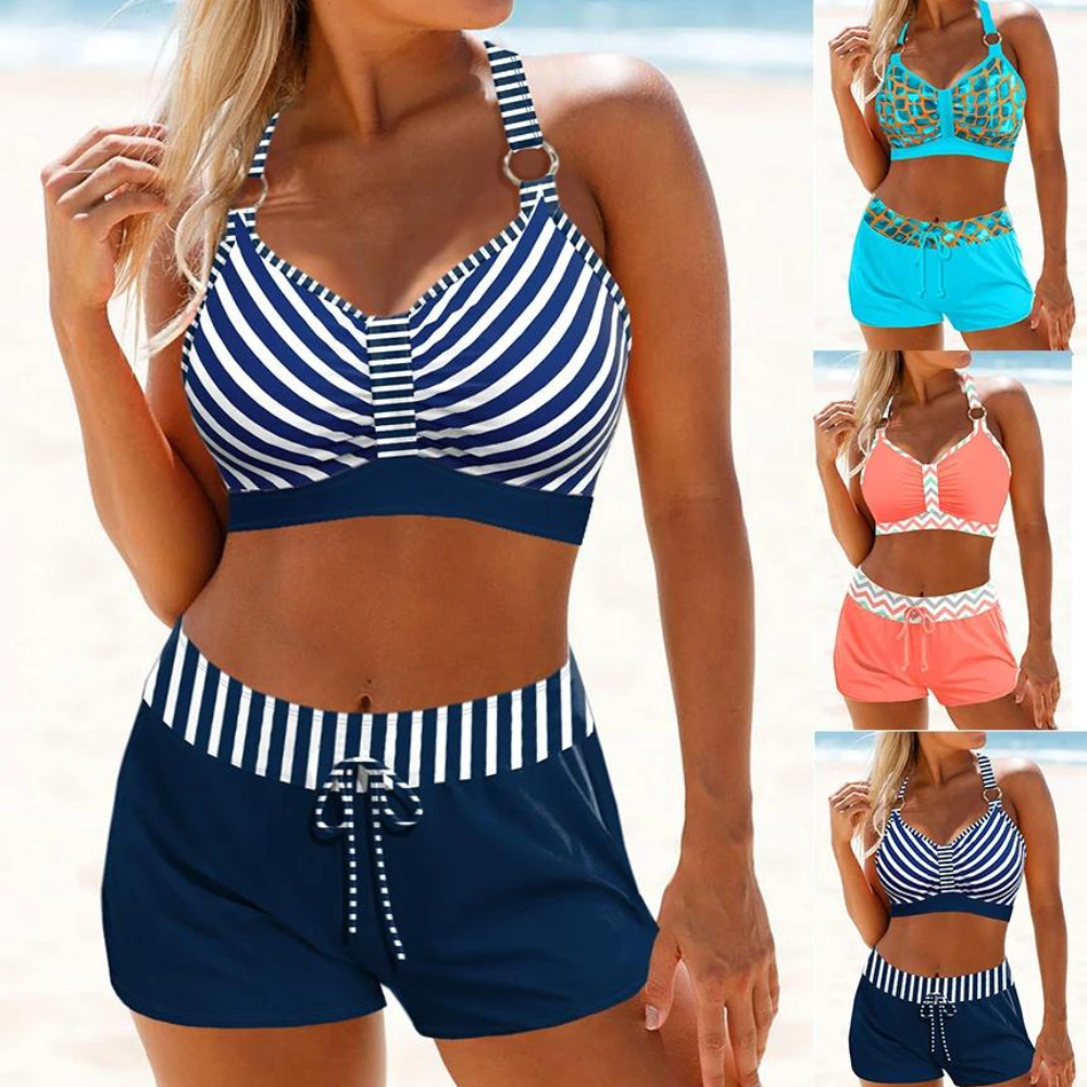 Conjunto de traje de baño marinero a rayas con pantalón corto para mujer