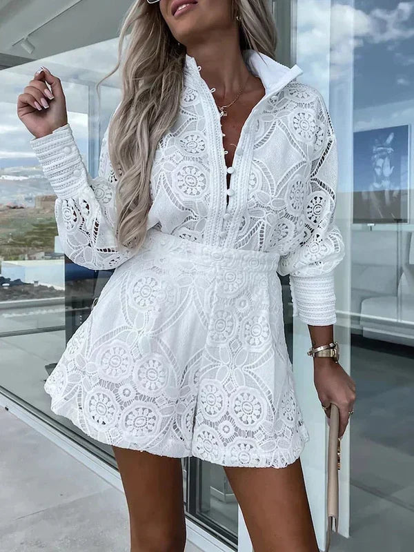 Conjunto de verano de dos piezas para mujer estilo boho con detalles calados