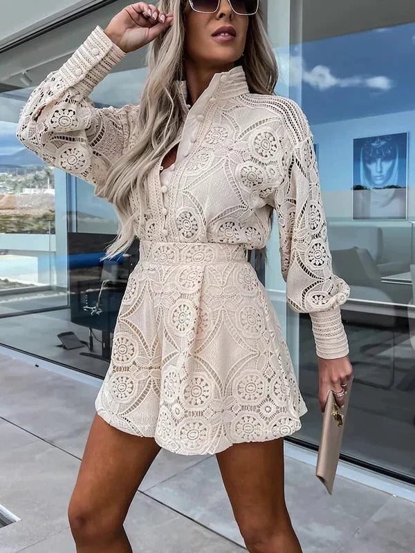 Conjunto de verano de dos piezas para mujer estilo boho con detalles calados