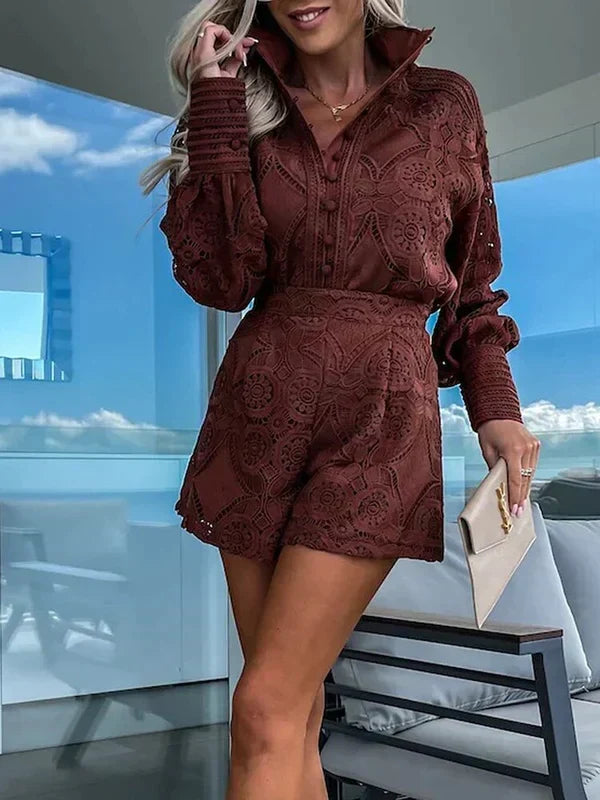 Conjunto de verano de dos piezas para mujer estilo boho con detalles calados