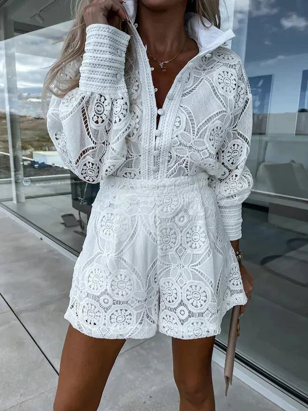 Conjunto de verano de dos piezas para mujer estilo boho con detalles calados