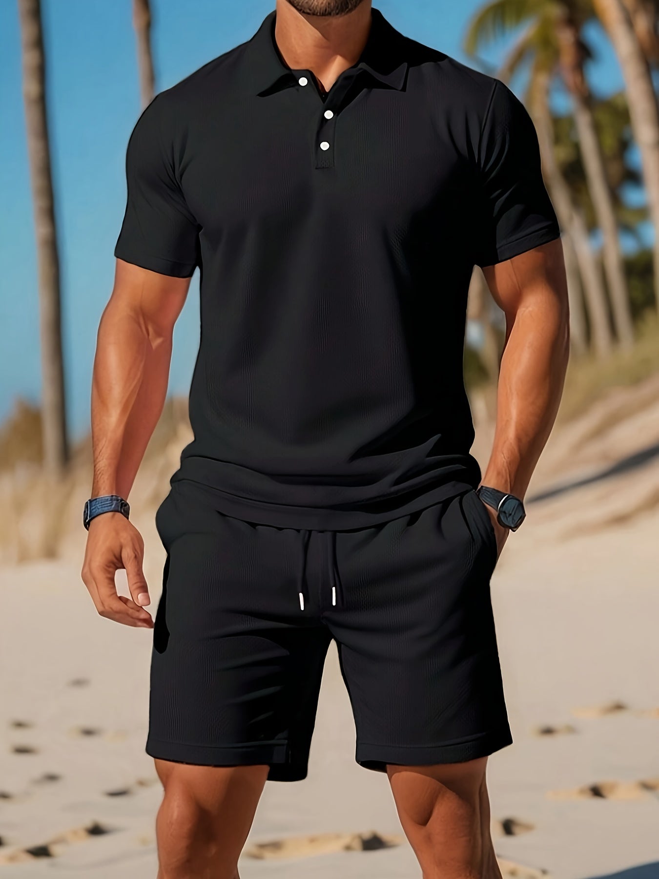 Conjunto de Verano para Hombre de Polo y Pantalón Corto con Estructura Tono sobre Tono