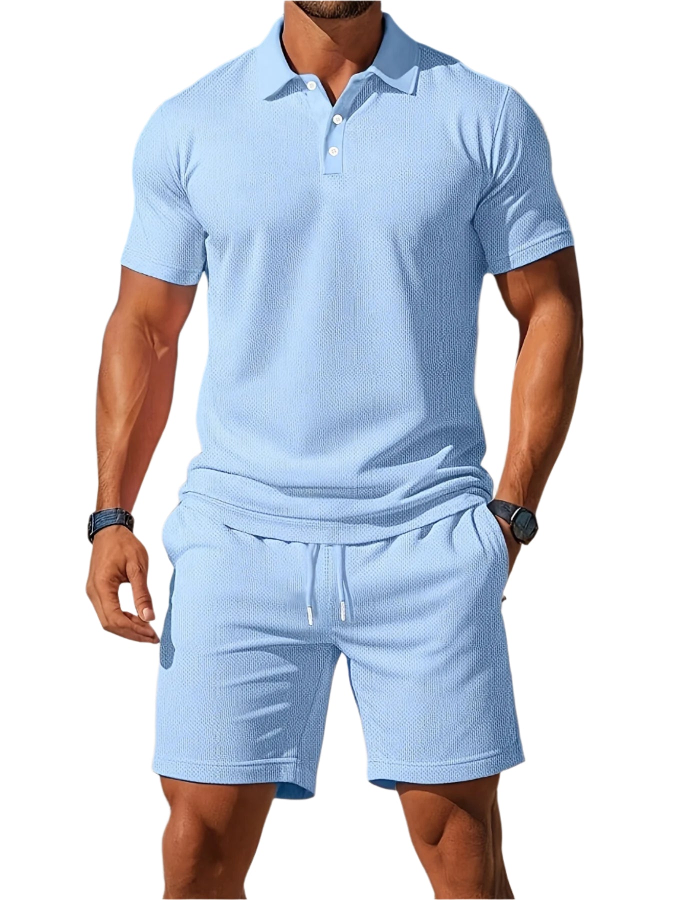 Conjunto de Verano para Hombre de Polo y Pantalón Corto con Estructura Tono sobre Tono