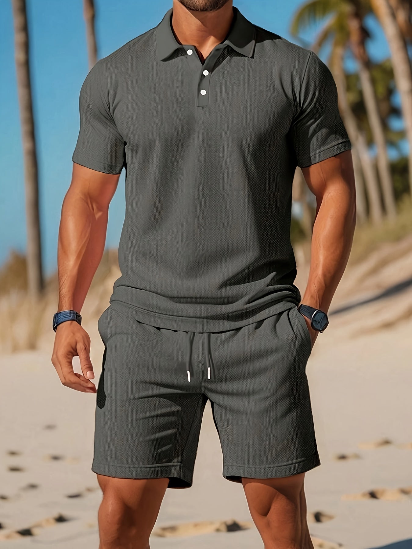 Conjunto de Verano para Hombre de Polo y Pantalón Corto con Estructura Tono sobre Tono