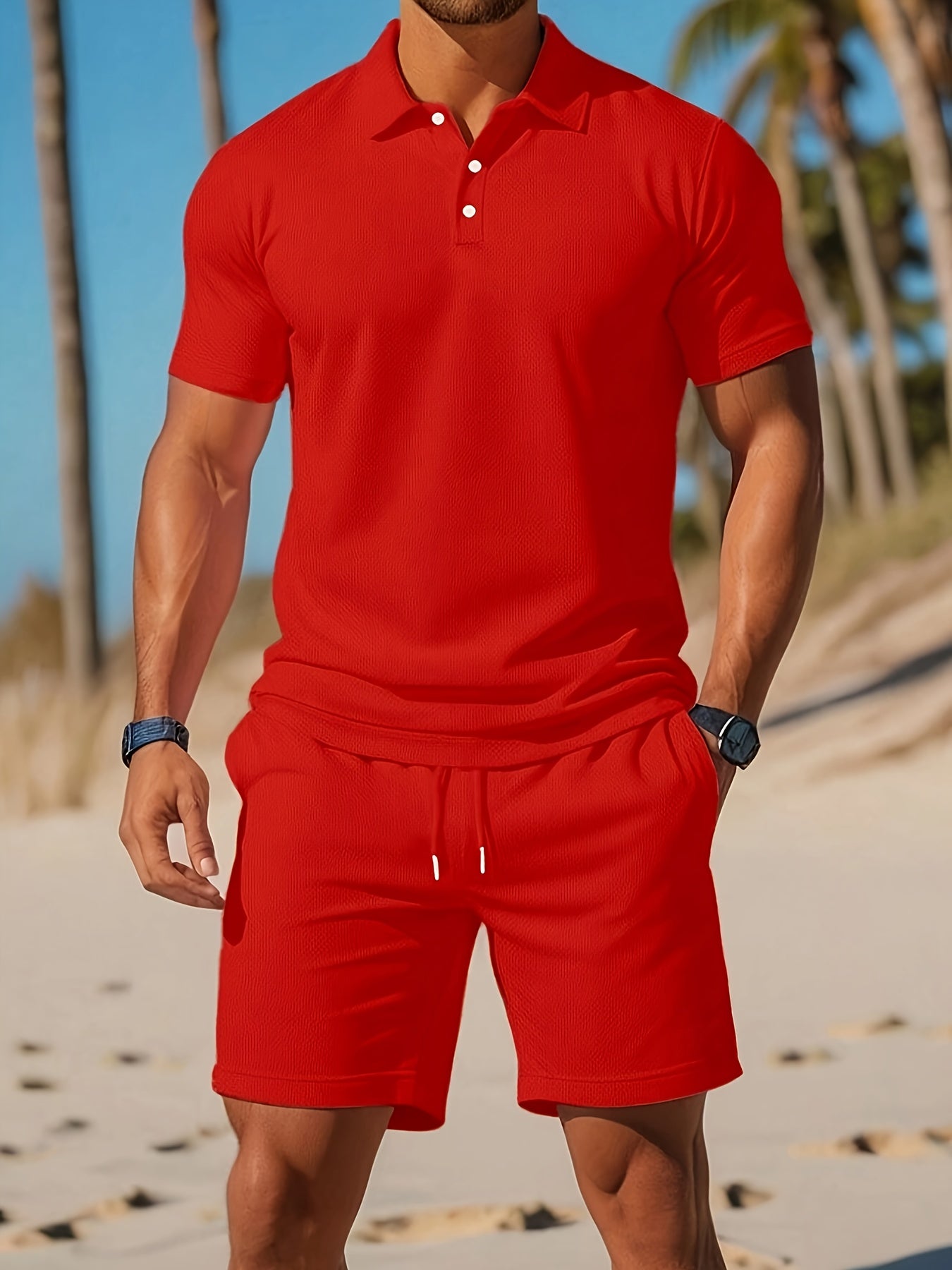 Conjunto de Verano para Hombre de Polo y Pantalón Corto con Estructura Tono sobre Tono