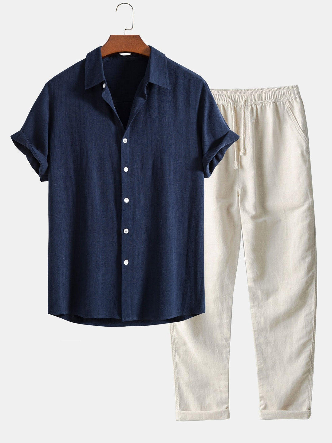 Conjunto ligero de verano para hombre con camisa de manga corta con cuello Mao y pantalón