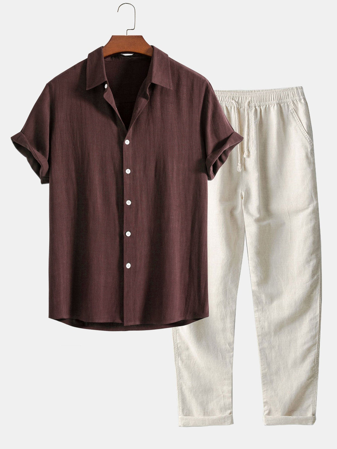 Conjunto ligero de verano para hombre con camisa de manga corta con cuello Mao y pantalón
