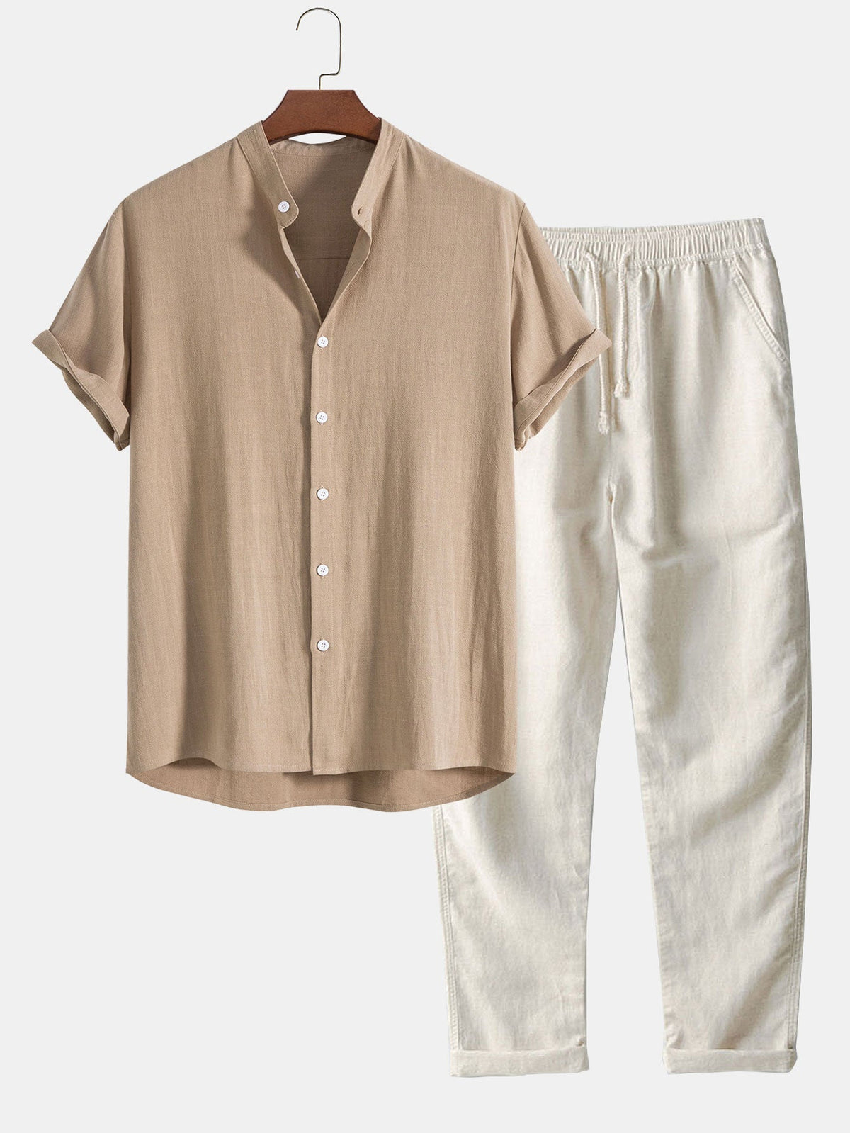 Conjunto ligero de verano para hombre con camisa de manga corta con cuello Mao y pantalón