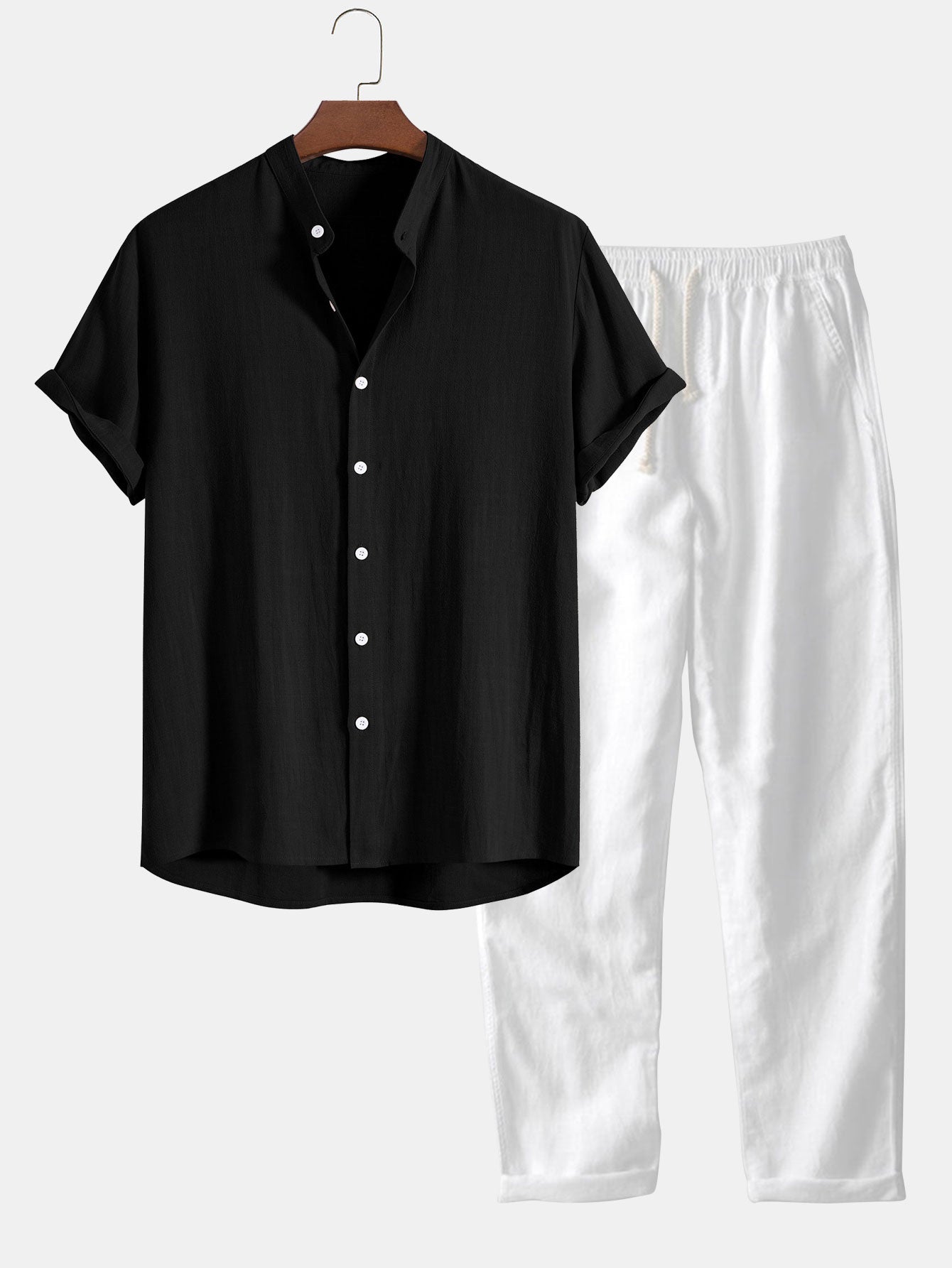 Conjunto ligero de verano para hombre con camisa de manga corta con cuello Mao y pantalón
