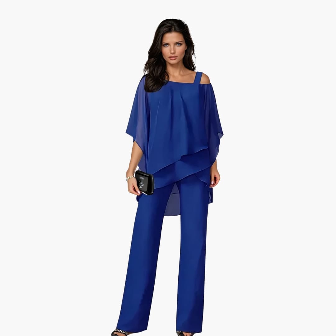 Conjunto para mujer de pantalón y blusa asimétrica con diseño a capas