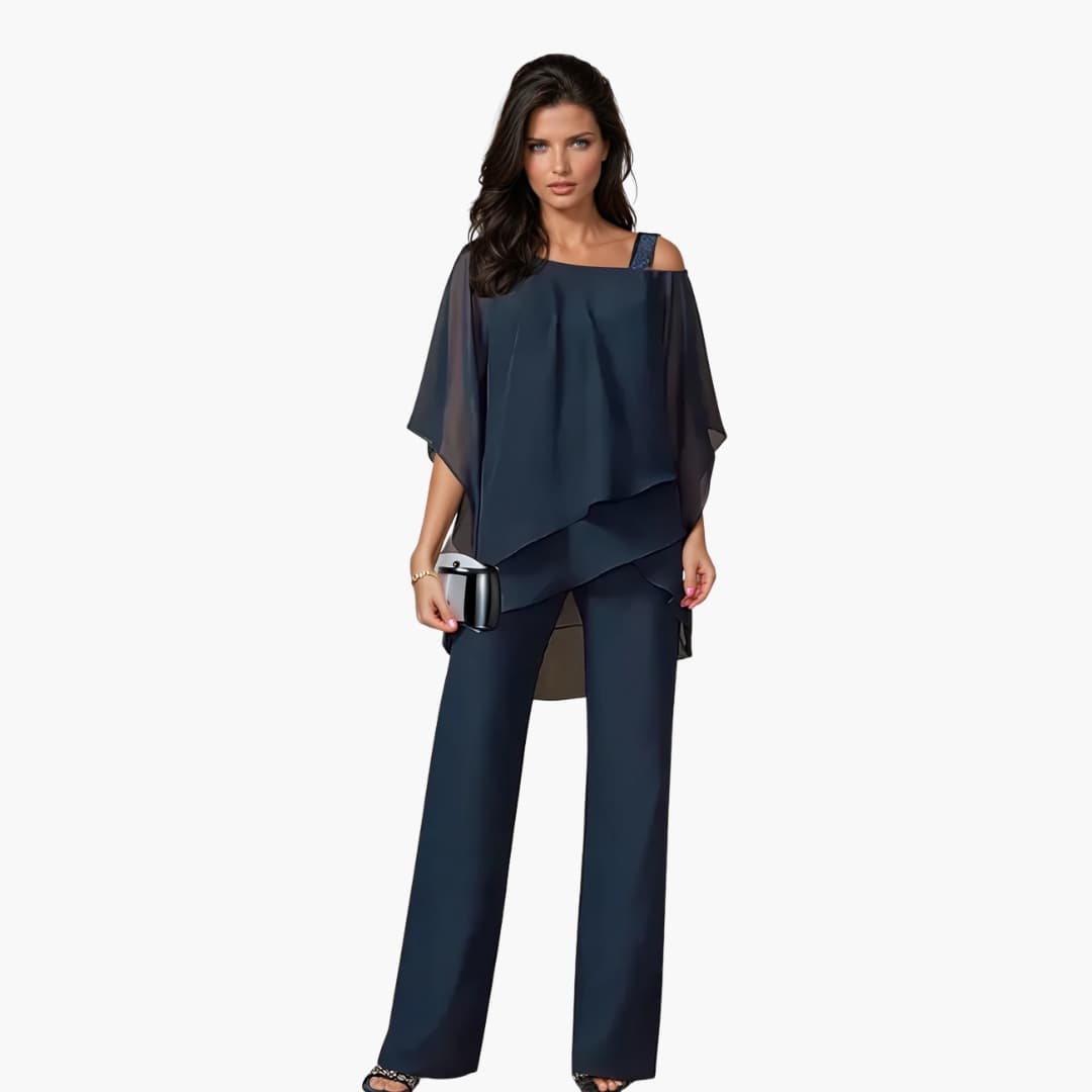 Conjunto para mujer de pantalón y blusa asimétrica con diseño a capas