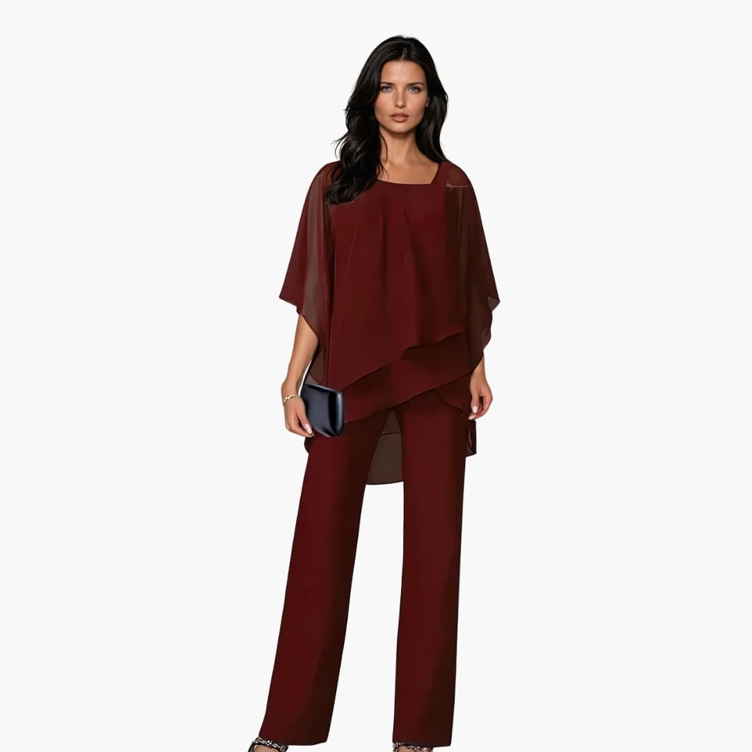 Conjunto para mujer de pantalón y blusa asimétrica con diseño a capas
