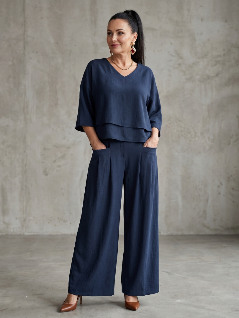 Conjunto para mujer estilo superpuesto con pantalón de pernera ancha