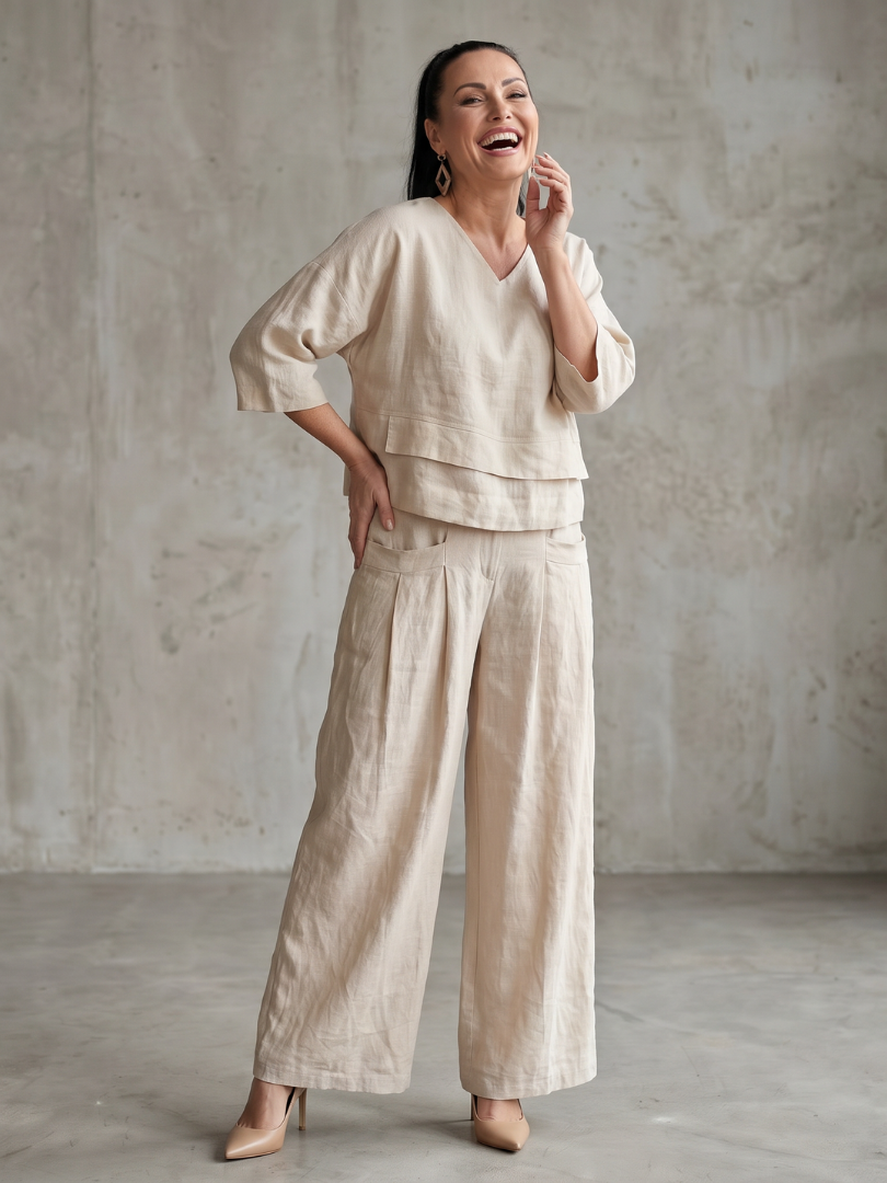 Conjunto para mujer estilo superpuesto con pantalón de pernera ancha