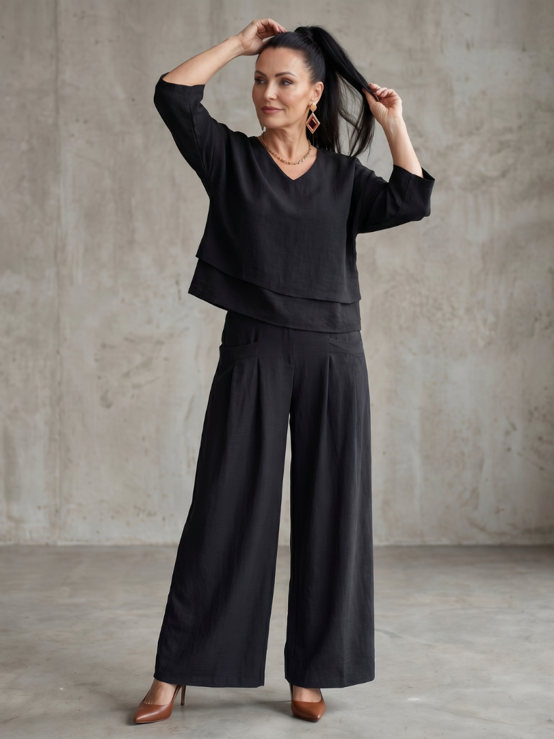 Conjunto para mujer estilo superpuesto con pantalón de pernera ancha