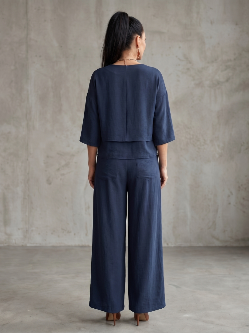Conjunto para mujer estilo superpuesto con pantalón de pernera ancha